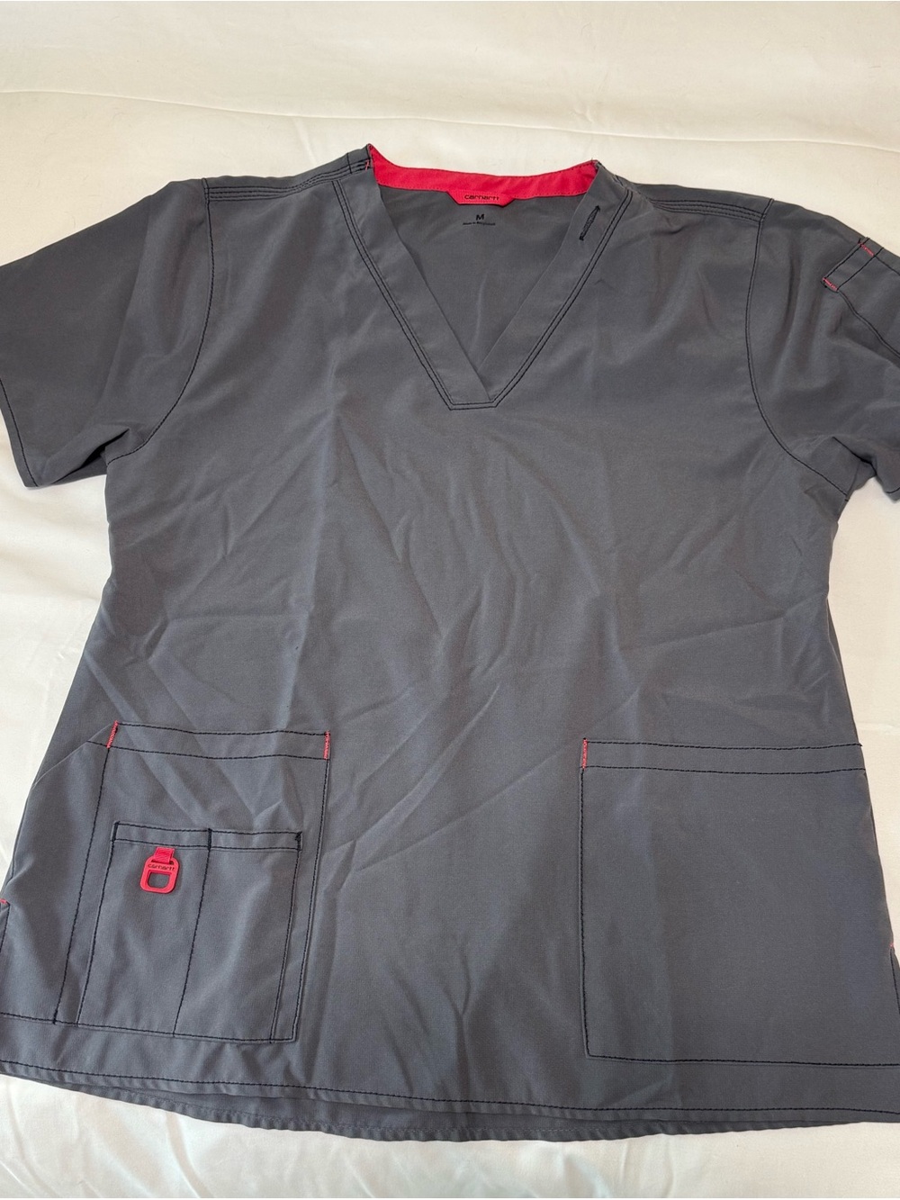 Charcoal Gray Medical Scrub Top with Pink Trim
